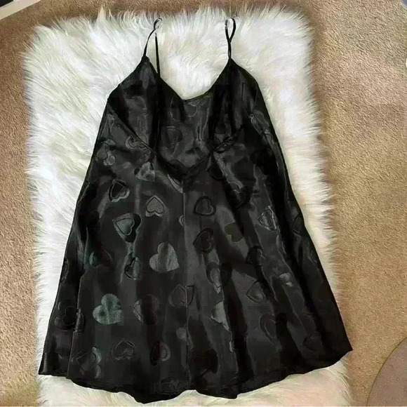 Vintage Jenny Buchanan Intimates Heart Print Satin Black Slip Dress Large - Picture 2 of 5